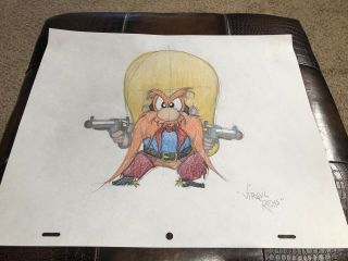 Virgil Ross Sketch - Yosemite Sam Solo With Guns.  Signed 12.  5x10.  5”