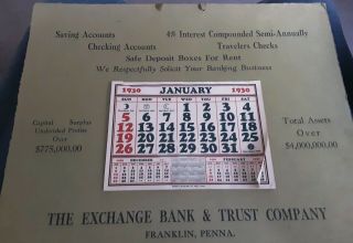 Vintage 1930 The Exchange Bank & Trust Calendar And Picture