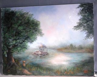 Vintage Modern Oil Painting Ohio River Steamboat Side Wheeler John Wagstad