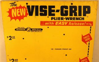 Vintage Peterson Vise - Grip Store Display Yellow Wall Board Dewitt Ne.  G 25