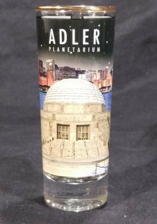 Adler Planetarium 3 Oz Tall Shot Glass Gold Rim Chicago Skyline Weighted Bottom