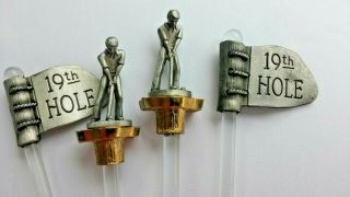 Set Of 4 Vintage Metal & Glass Cocktail Swizzle Sticks.  Golf Themed.  19th Hole