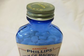 Vintage - Medicine - Phillips ' - MILK OF MAGNESIA - Tablets - Blue - Bottle - Embossed - on Back 3