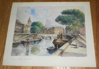 1947 Vintage Watercolor Painting Paris Pont St Michel Signed Rudolf