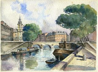 1947 Vintage Watercolor Painting Paris Pont St Michel Signed Rudolf 3