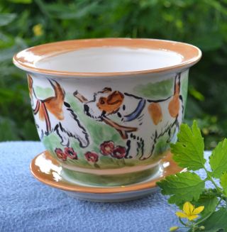 Russell Terrier.  Handpainted Ceramic Flower Pot.  Ooak.  Look