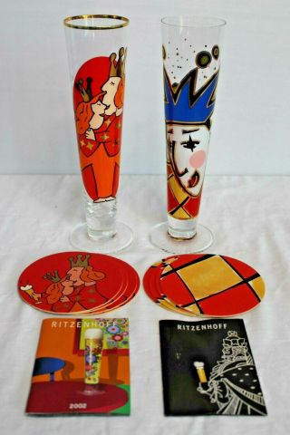 2 RITZENHOFF Beer Glasses & 8 coasters Weiss King & Queen / Krizmanic Jester 3