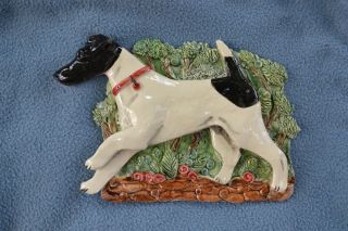 Smooth Fox Terrier.  Handsculpted Ceramic Wall Plaque.  Ooak.  Look