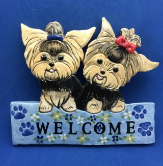 Yokie Dog Welcome Sign Plaque Ceramic Art Sculpture Ooak Hand Made By Artist