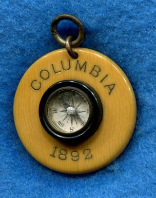 Antique 1892 Pope Mfg Co Columbia Bicycle Advertising Celluloid Fob W/ Compass