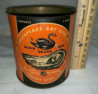 Antique Chesapeake Bay Black Swan Oyster Tin Litho 1pt Can Shady Side Md Seafood