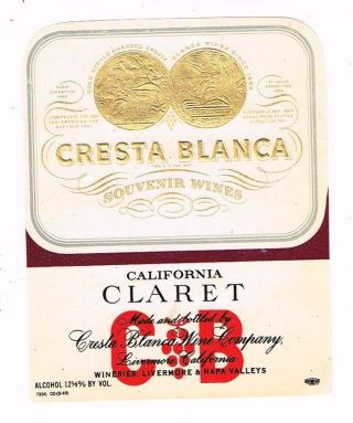 1940s California Livermore Cresta Blanca Claret Wine Label