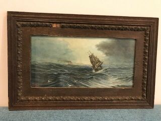 Antique Watercolor Painting Ships In The Ocean Signed Edh Schutter 1903