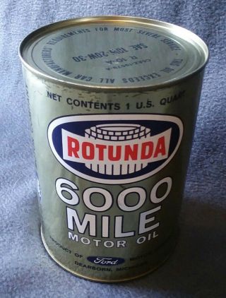 Nos Motor Oil Tin Can Advertising Rotunda Ford Automobiles 6000 Mile Quart Can