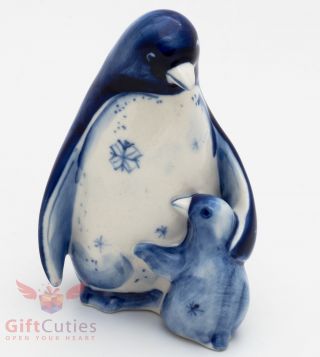 Penguin Gzhel Porcelain Figurine Pingu Family Of Mother & Son Souvenir Handmade