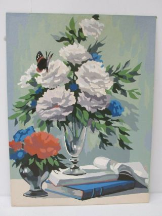 Vintage Paint By Number Pbn Painting Floral Arrangement Flower Vase Butterfly