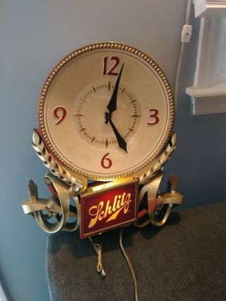 Vintage Rare Schlitz Lighted Bar Clock And Clock & Light Work