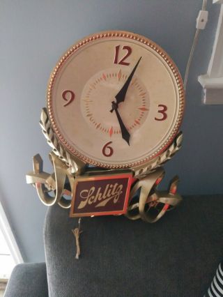 Vintage Rare Schlitz Lighted Bar Clock and Clock & light work 7