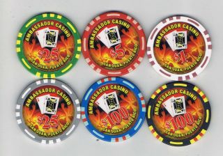 Set Of 6 Ambassador Casino Chips - San Juan Puerto Rico - $1 - $100 -
