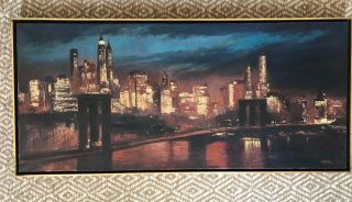 York City Brooklyn Bridge Night Oil Painting 1960s Mid - Century Modern Signed