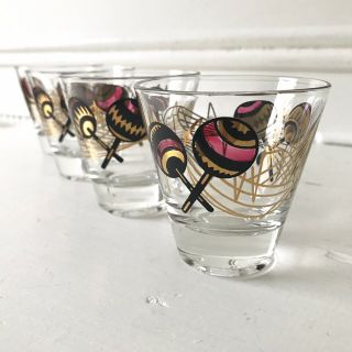 Vintage Shot Glasses Pink Gold Maracas Music Theme Barware Mcm 3 " Set Of 4
