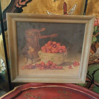 Antique Oil Painting Still Life Cherries On Canvas Framed