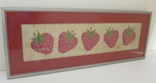 Vintage 1970s Strawberry Batik Painting Signed By Artist Matted & Framed 9x24