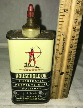 Antique Archer Household Oil Tin Litho Handy Oiler Can Vintage Indian Bow Arrow