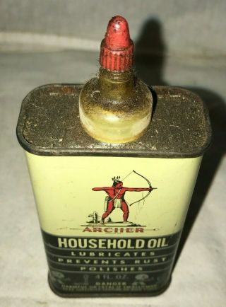 ANTIQUE ARCHER HOUSEHOLD OIL TIN LITHO HANDY OILER CAN VINTAGE INDIAN BOW ARROW 2