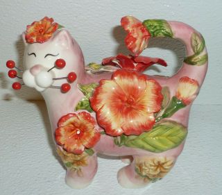 Lacombe Cat Figurine Whimsiclay Flowers Pink Red 13063 Vtg 2006