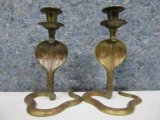 7 " Brass Engraved Colored Cobra Snake Candle Holders Set Of 2 Vintage