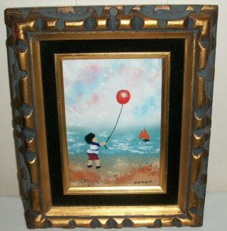 Vintage Louis Cardin Enamel On Copper Painting Little Boy At The Beach Sailboat