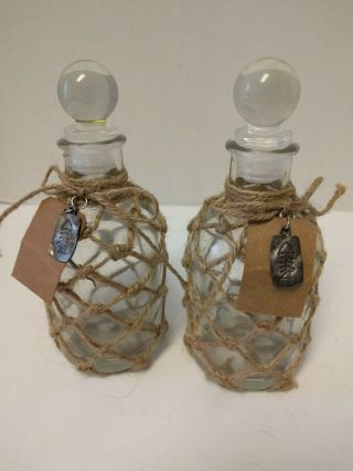 Rustic Farmhouse 2 Bottle Decanter W/stopper Covered With Jute Twin 6.  5 " T