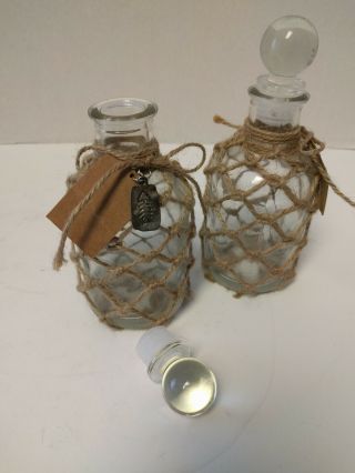 RUSTIC FARMHOUSE 2 BOTTLE DECANTER W/STOPPER COVERED WITH JUTE TWIN 6.  5 