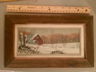 Vintage Signed Painting Originals By Shortino Wood Barn Winter Snow 12x7
