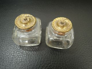 Pair Antique - French Square Hand Blown Glass - Ink Bottle W/ Brass - Cork Lid