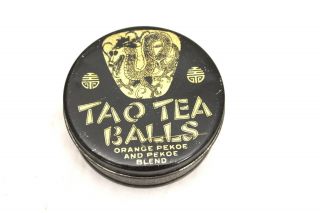 Vintage Tao Tea Balls Tin Small Round Black Gold Lettering Asian
