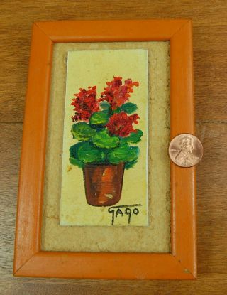 Mini Small Oil Painting Of Red Geranium Flowers In Terra Cotta Pot Signed Gago
