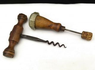 Vintage Antique Wood Handle Cork Screw Wine Bottle Opener Corkscrew And Ice Pick