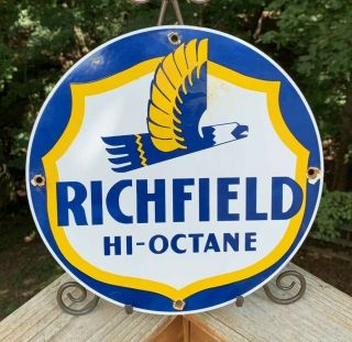 Vintage Richfield Hi - Octane Porcelain Gas Pump Plate Sign Garage Can