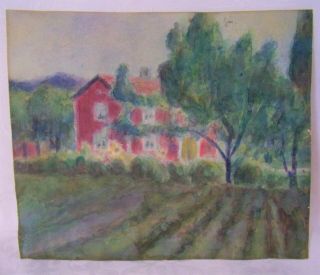 Antique Victorian Watercolor Painting Framed Wood House Trees Impressionism