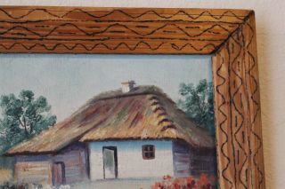 VTG Antique Signed Landscape Oil on Board Painting Pyrography flemist art frame 4