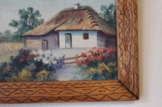 VTG Antique Signed Landscape Oil on Board Painting Pyrography flemist art frame 5
