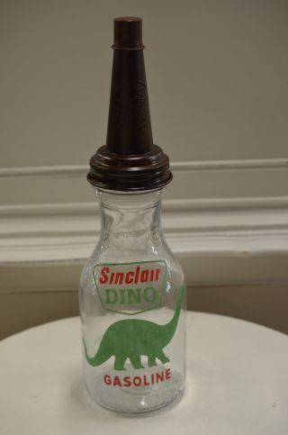 Vintage Style Sinclair Dino 1 Quart Glass Motor Oil Bottle Spout & Dust Cap