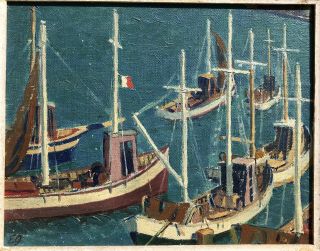Modernist 1930 ' s - 1940 ' s European Fishing Boats in Port Oil,  Initialed EG 2