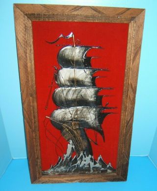 Vintage Red Velvet Painting Sailing Ship Wood Frame 23 " X 14 "