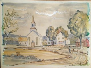 Antique/vtg Folk Art Watercolor Painting 24x18.  Summer Country Village Church