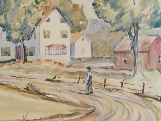 Antique/Vtg Folk Art Watercolor Painting 24x18.  Summer Country Village Church 2