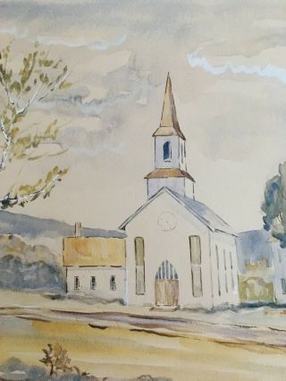 Antique/Vtg Folk Art Watercolor Painting 24x18.  Summer Country Village Church 3