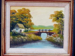 Vintage Mid Century Dutch English House Lake Landscape Oil Painting Signed Finel